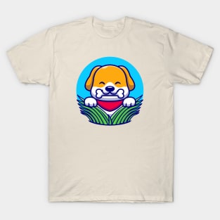 Cute Dog Eating Bone On Grass Cartoon T-Shirt